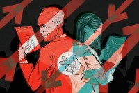 A digital illustration of a senior official and female OBGYN doctor back to back. The man holds a clipboard that shows a large "0" while the doctor holds a clipboard that shows the number "500." She looks at him from the corner of her eye with skepticism. He smiles at his report.