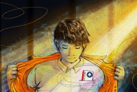 An illustration of a teen walking toward the viewer, and away from a shadowy background of prison bars. They are taking off an orange prison shirt, revealing a white button down that has a Medicaid card in the chest pocket. A warm, golden beam of sunlight highlights the card and illuminates the teen's front.