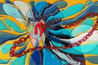 A digital illustration of a woman on a red cell phone with a red chain hovering around her. Blue speech bubbles spread out with a liquid heaviness around her. She has a pained expression.