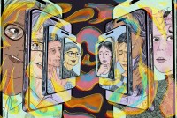 A digital illustration of a mirroring array of smart phones facing each other. On the left side are therapists on a video call, on the right are their patients. Colorful speech bubbles swirl around the phones and connect the conversations between doctor and patient.