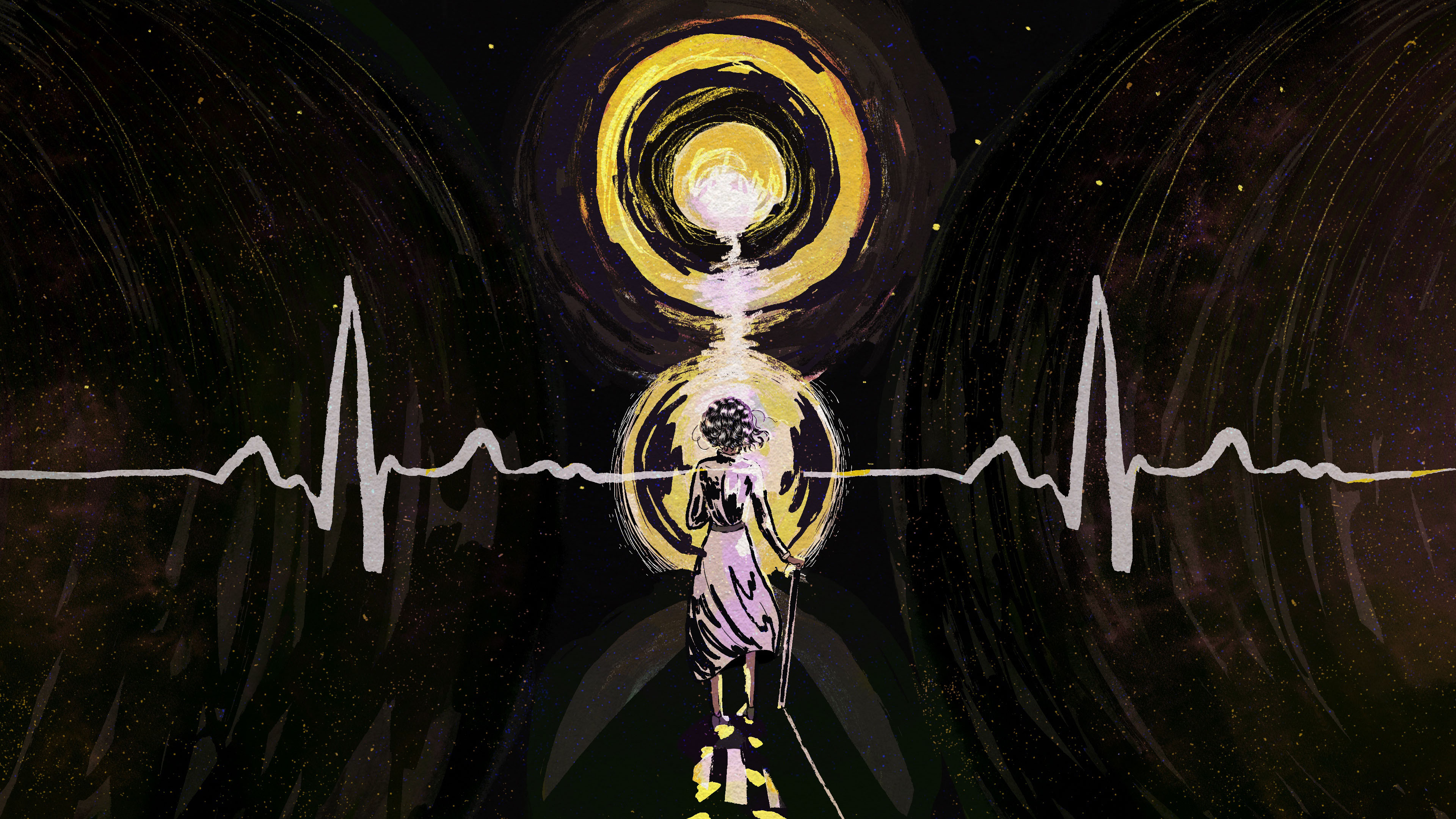 A digital illustration of the silhouette of an elderly woman bravely facing a glowing, moon-like sphere in a galactic abyss.