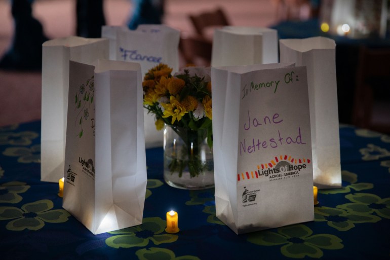 An up-close photograph of white paper bags with messages of hope and remembrance for people with cancer.