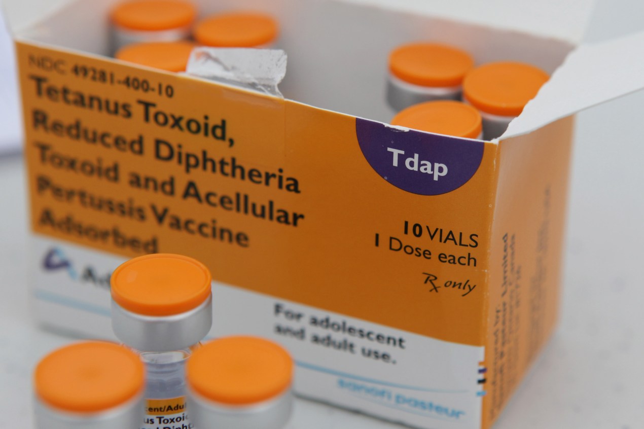 A box of 10 Tdap vaccine vials is shown