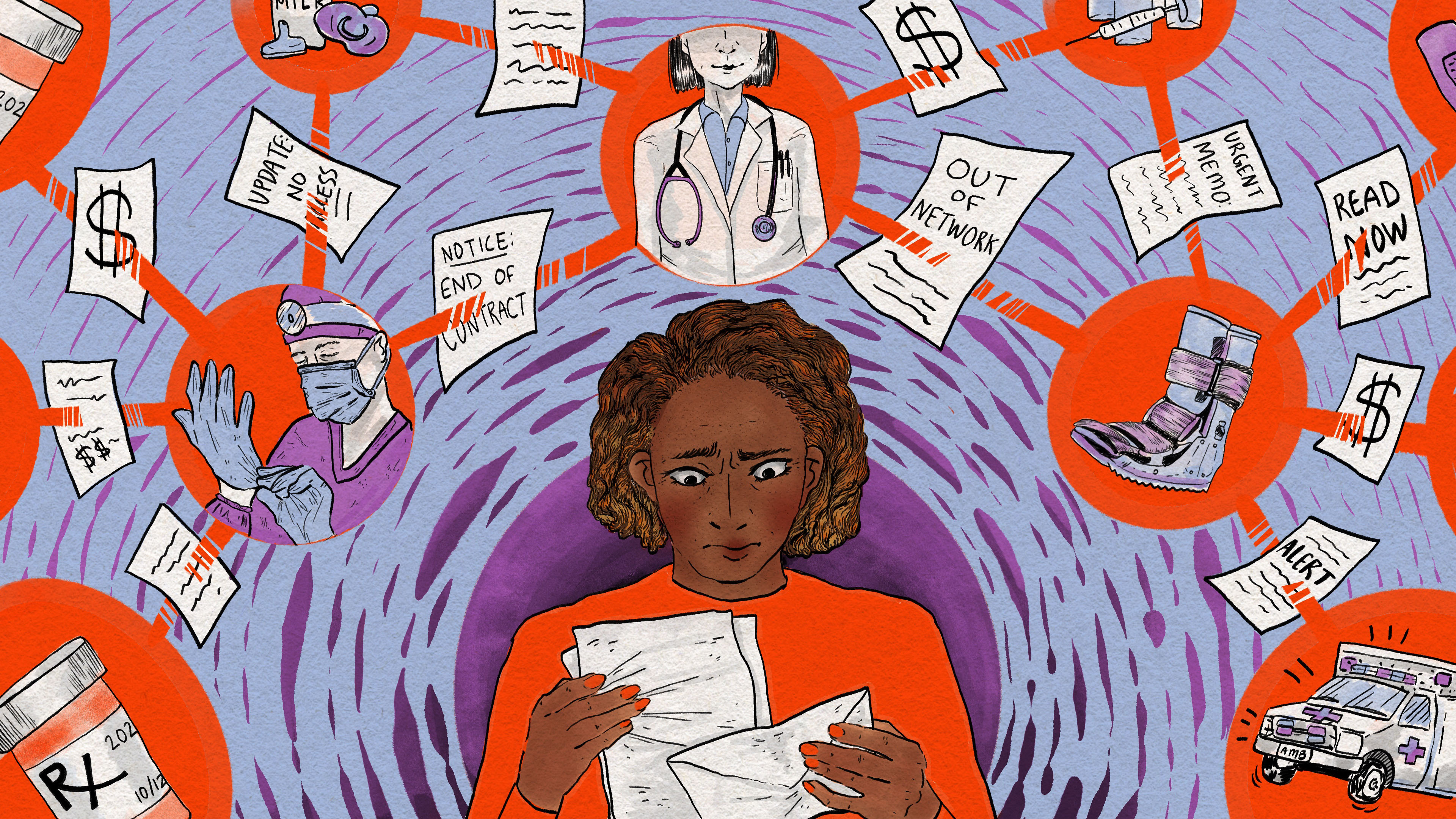 An illustration of a woman looking at a paper letter in her hands with a confused expression. Above her illustrates a network of medical care that's been fragmented by letters like the one she holds.