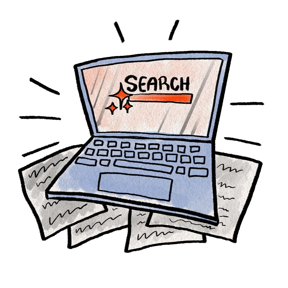 A cartoon drawing of a laptop. The screen says "SEARCH" and there are scattered papers underneath the computer.