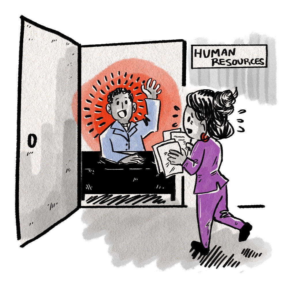 A cartoon drawing made with loose black ink of a nervous woman approaching a friendly gentleman who works for Human resources.