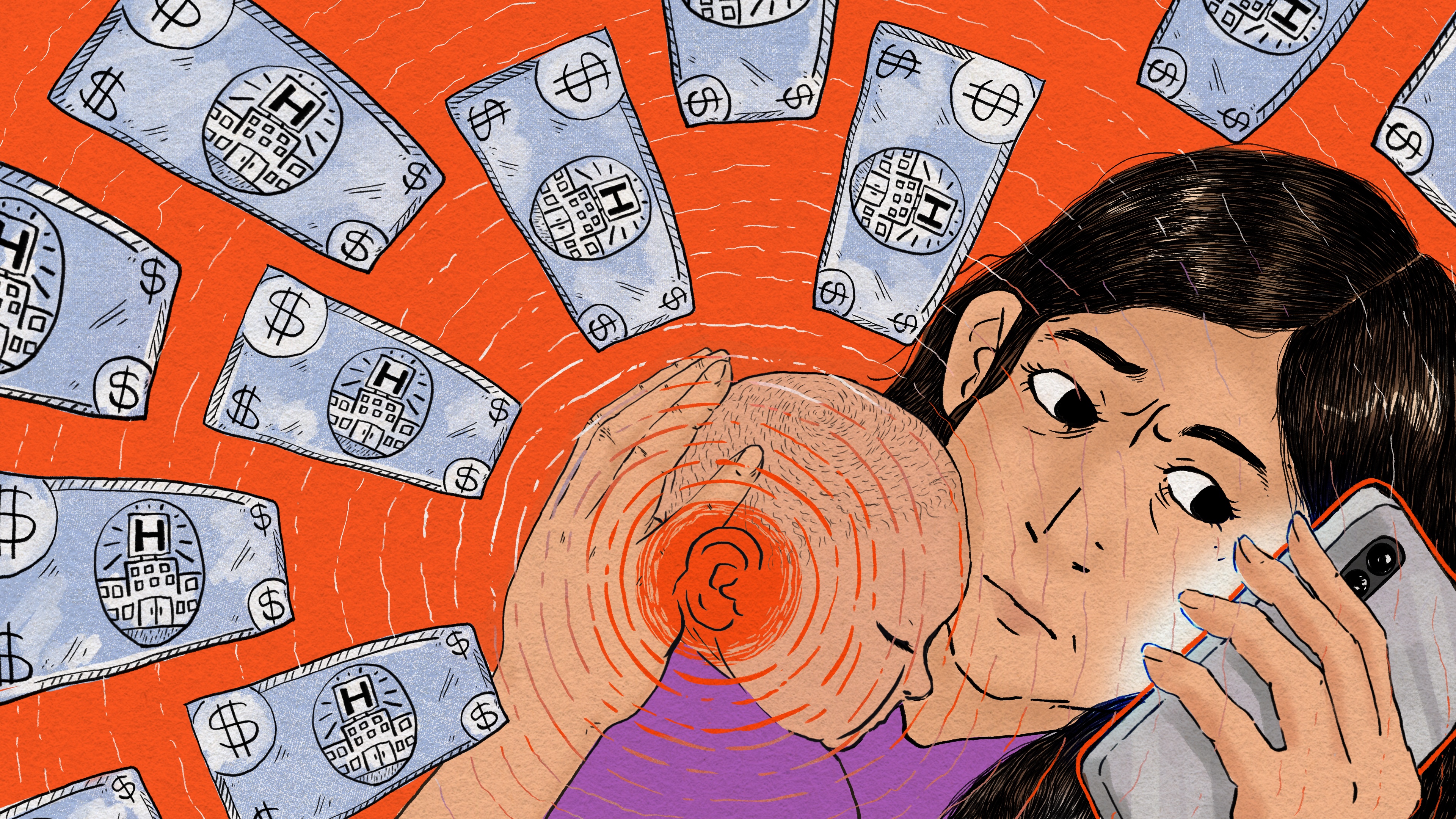 An illustration of a woman holding a baby to her chest with her left arm, while holding a phone to her ear with her right hand. She has a concerned expression as she holds her baby close. Sound waves radiate out from the baby's ear, and dollar bills float around them.