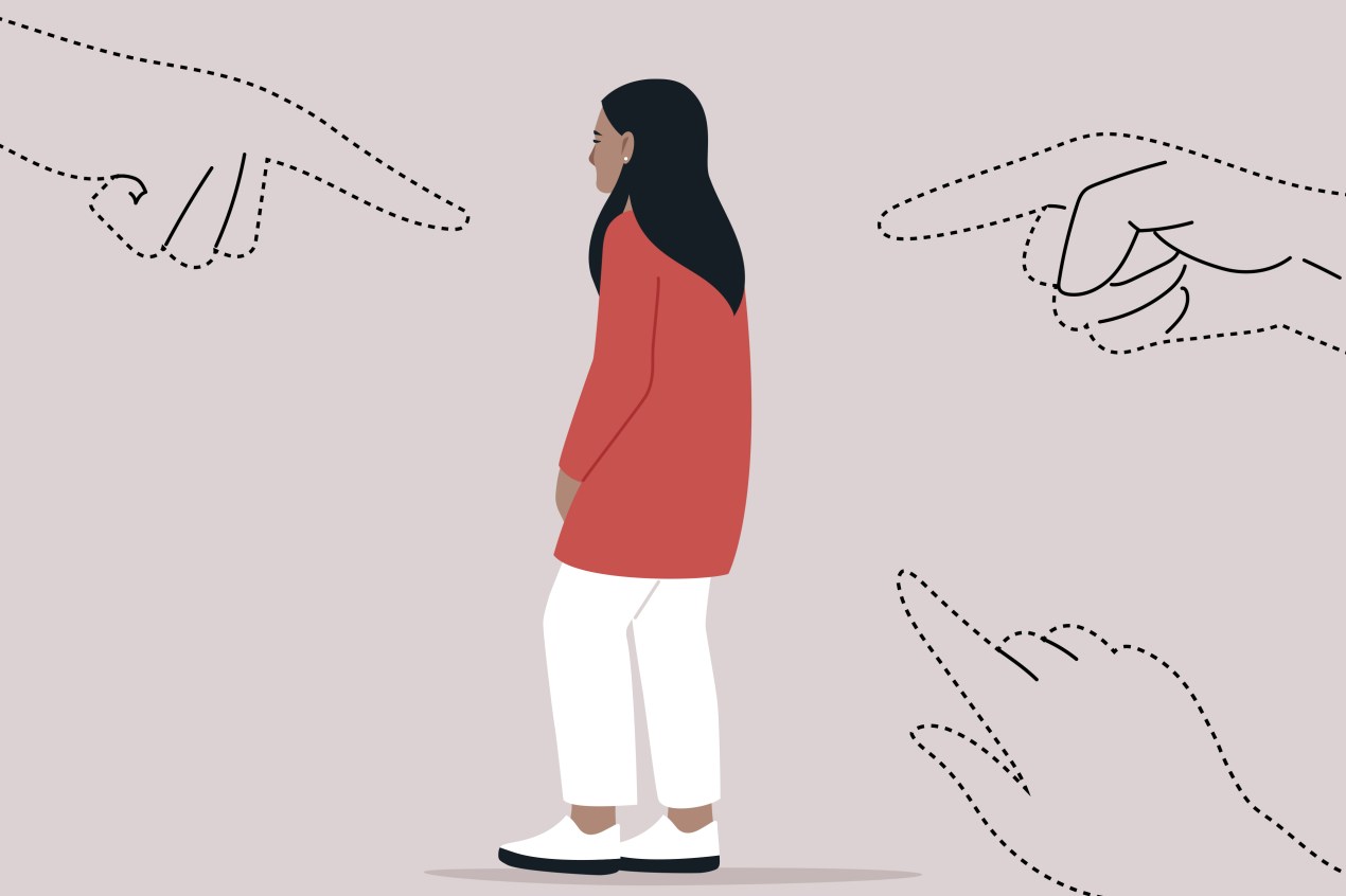 A vector illustration of a woman standing a bit hunched over in the middle of the frame while three dashed-line outlines of hands point at her.