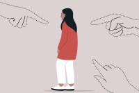 A vector illustration of a woman standing a bit hunched over in the middle of the frame while three dashed-line outlines of hands point at her.