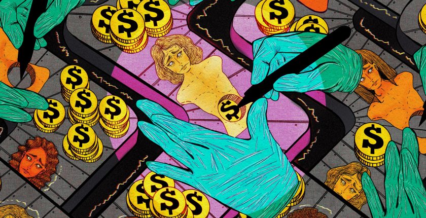 A digital illustration of a weaving, maze-like assembly line of female mannequins. They have a hole in their midsection where large gold coins with a “$” symbol are removed by ominous, floating hands. The coins are stacked up on the conveyer belt in surplus around the disfigured mannequins.