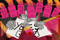 An illustration drawn with pencil and colored digitally shows a row of hands dropping ballot envelopes into a large box in the center of the image. Inside of the ballot box is a senior male judge, who is ripping a paper in half that says, "YES."