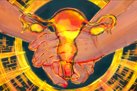 A digital illustration in pencil and watercolor. In the center of the image, there are two hands holding each other in a comforting position. There is a uterus overlayed on top of the hands; it is semi-transparent and painted in pink, orange, and gold colors. The background is a deep teal with a golden circle with radiating lines surrounding the hands and uterus.
